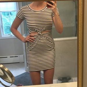 B&W Striped Bodycon Dress w/ front cutout & knot